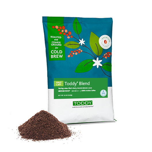 Twelve Ounce bag of Toddy cold brew coffee in Half Caff Todd Blend flavor